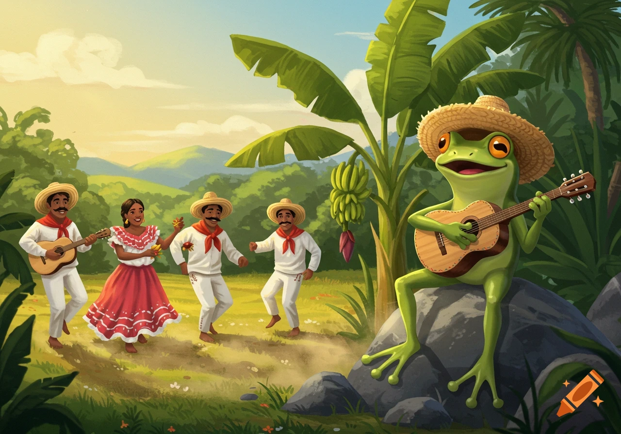 A cartoon green frog in a straw hat plays a guitar while people in traditional dress dance in a tropical landscape.