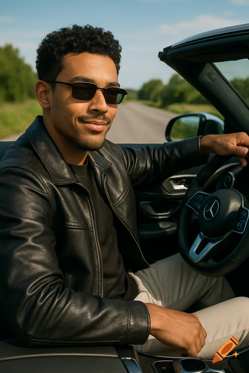 A stylish young man in sunglasses and a black leather jacket drives a luxury convertible on an open road.