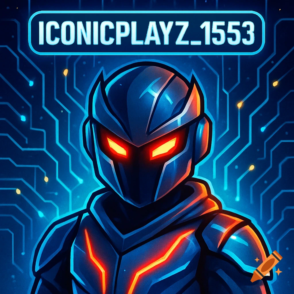 A dark blue futuristic armored character with glowing red eyes and orange chest accents stands against a blue circuit board background with the text 'ICONICPLAYZ_1553' above.