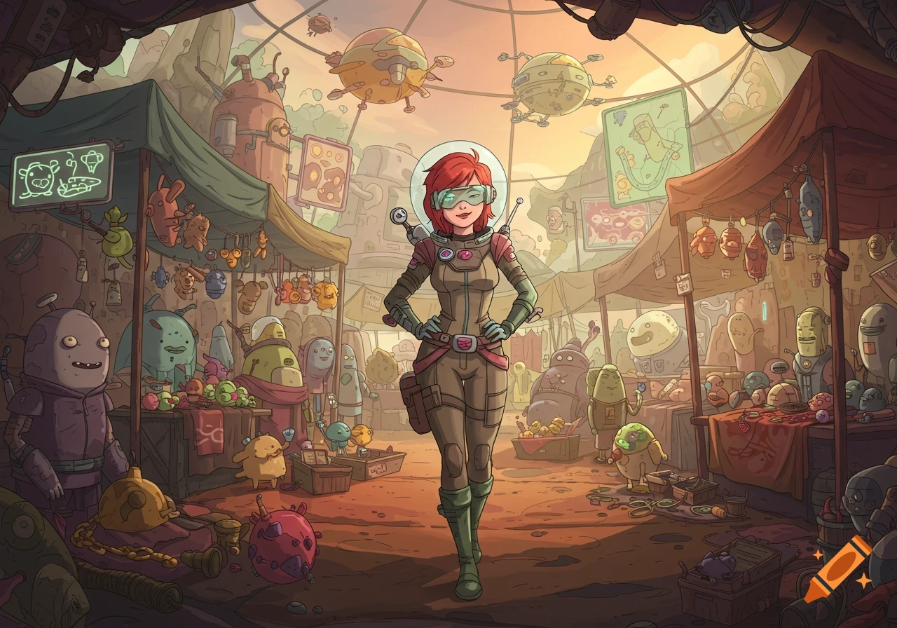A red-haired female astronaut in a space suit stands in a bustling alien market, depicted in a whimsical cartoon style.