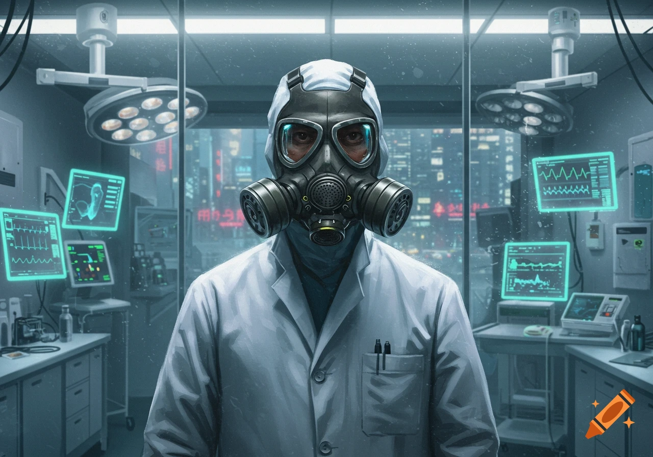 A doctor in a white lab coat and a gas mask with double filters stands in a futuristic lab overlooking a neon-lit city.