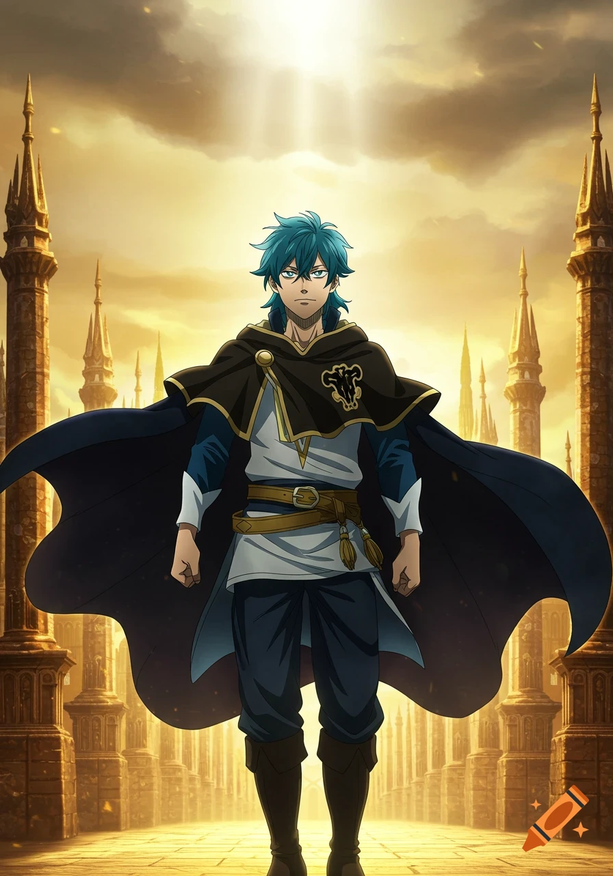 Yuno Grinberryall, an anime character with teal hair, stands in a black and gold cape on a golden path surrounded by tall castle spires under a golden sky.