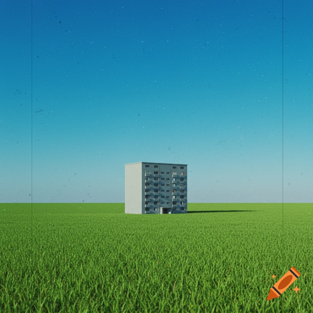 A gray apartment block stands isolated in the middle of a vast green field under a clear blue sky, with a VHS effect.