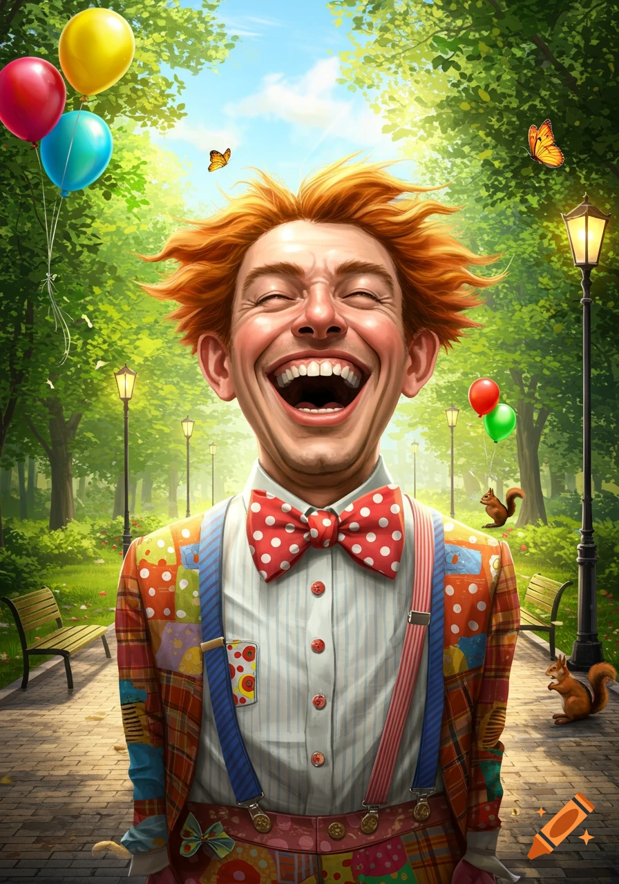 A brightly colored caricature of a red-haired man dressed like a clown, laughing heartily in a sunny park with balloons and squirrels.