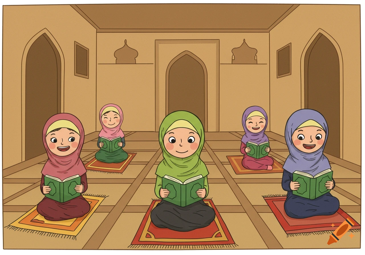 Cartoon illustration of five happy girls in colorful hijabs sitting on prayer mats, reading books inside a mosque.