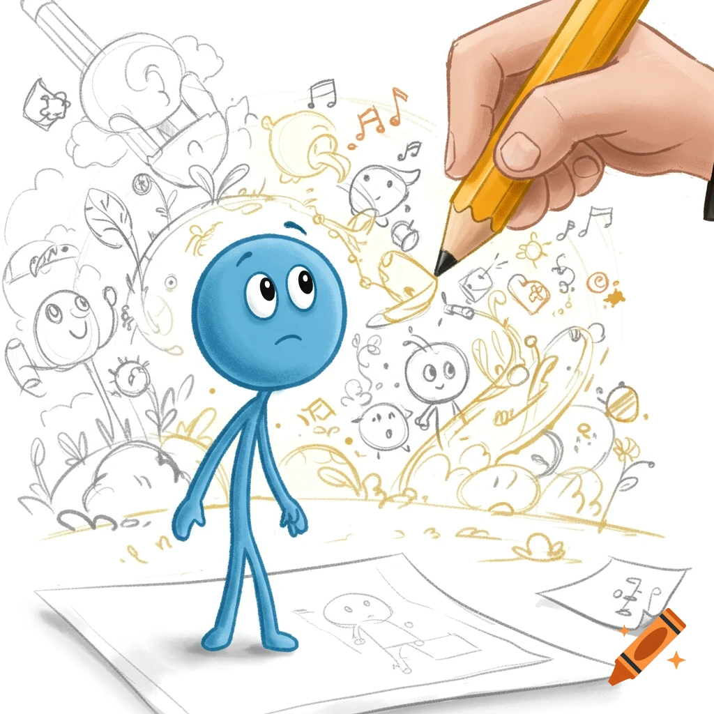 A blue stick figure cartoon character stands on a piece of paper as a hand draws sketches around it with a yellow pencil.
