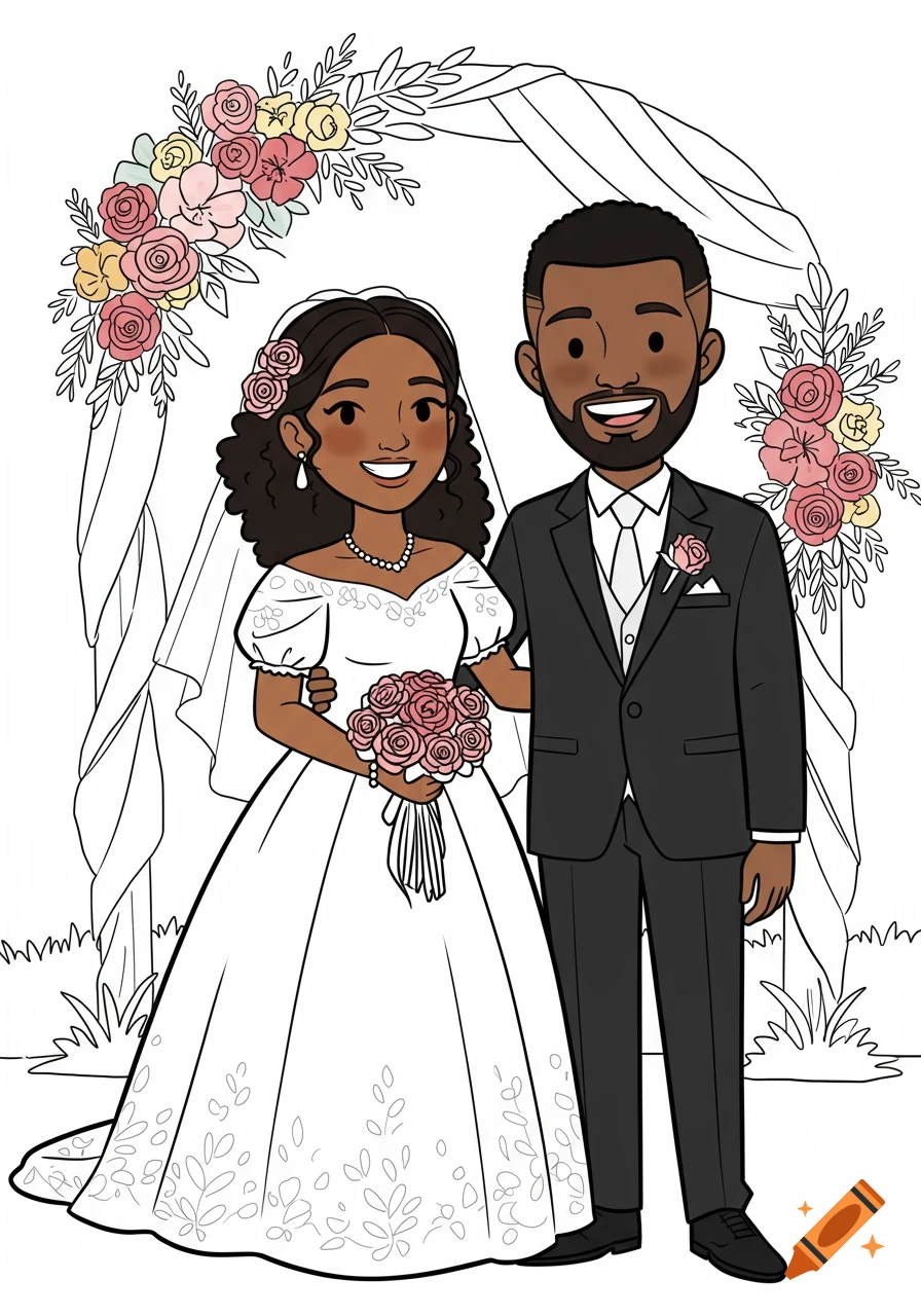 Cartoon biracial wedding couple under a floral arch in a coloring book style.