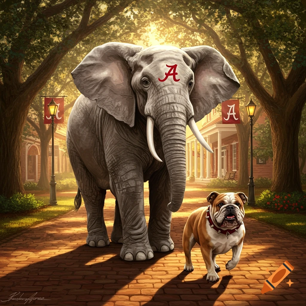A majestic elephant with a red 'A' on its head walks alongside a bulldog on a brick path through a sunlit, tree-lined campus.