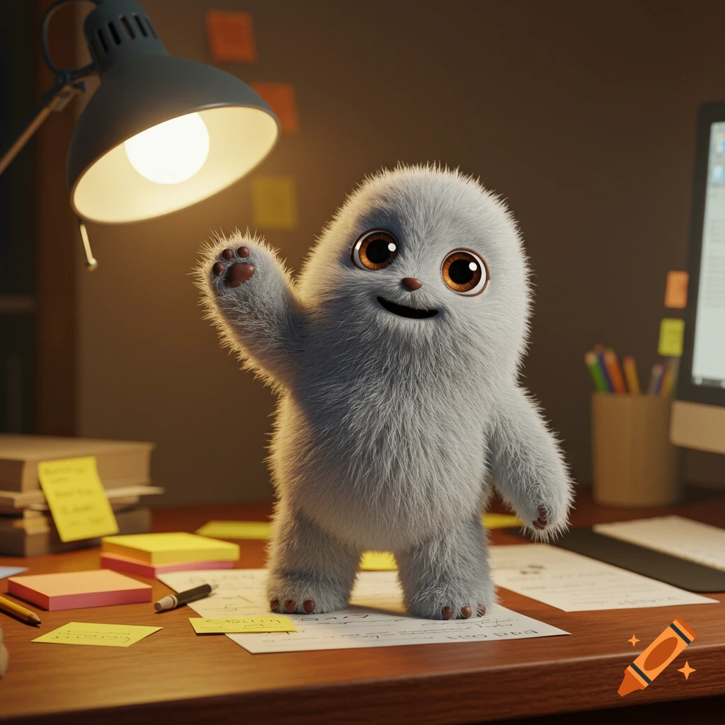 A cute, furry, grey creature with big brown eyes waves from a cluttered desk under a lit lamp, in a photorealistic style.