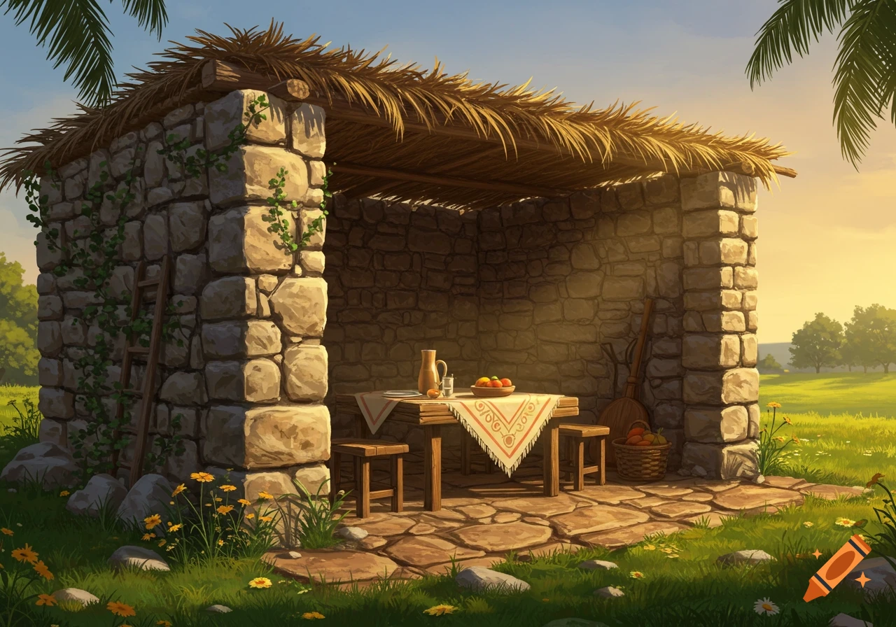 A stylized illustration of a stone sukkah with a thatched roof, a table set with fruit, and stools, surrounded by a grassy field at sunset.