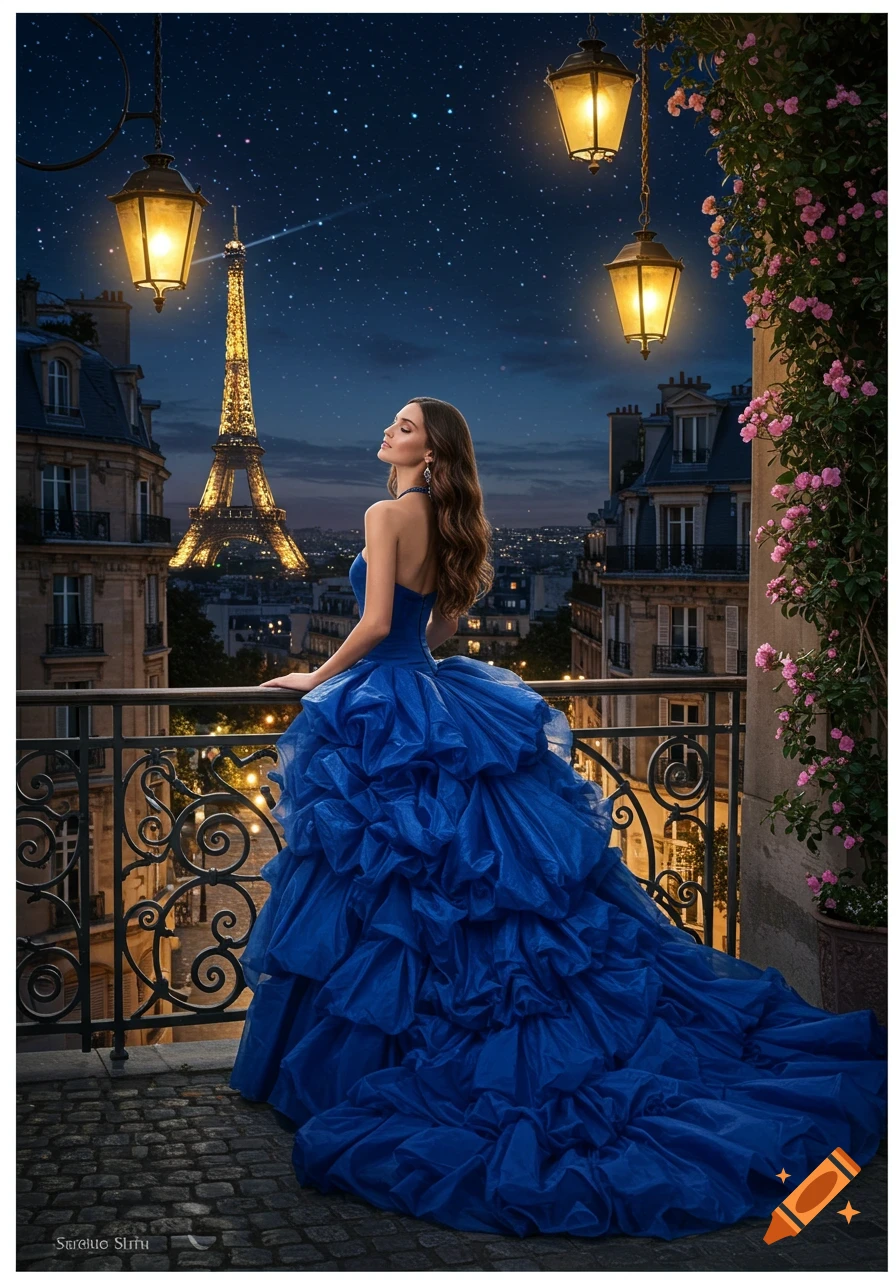 A woman in a dramatic blue ruffle ballgown stands on a Parisian balcony at night, with the Eiffel Tower and city lights in the background.