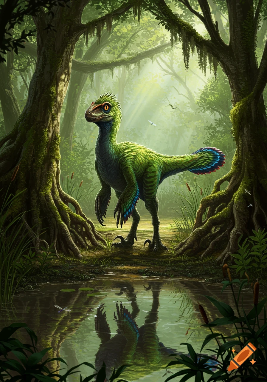 A vibrant green feathered raptor dinosaur stands in a lush, sunlit tropical swamp, reflected in the water.