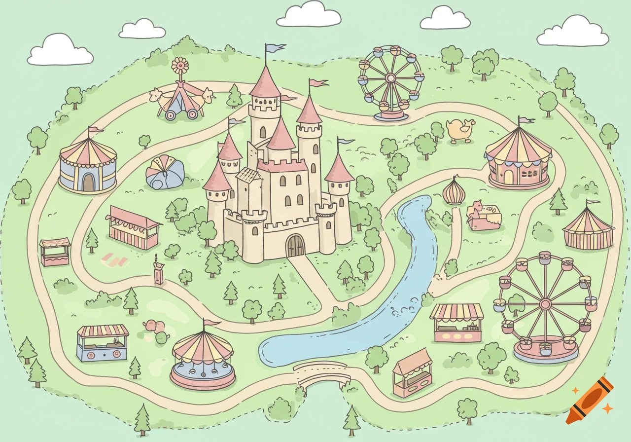 A hand-drawn, whimsical map of an amusement park with a central castle, rides, and food stalls.