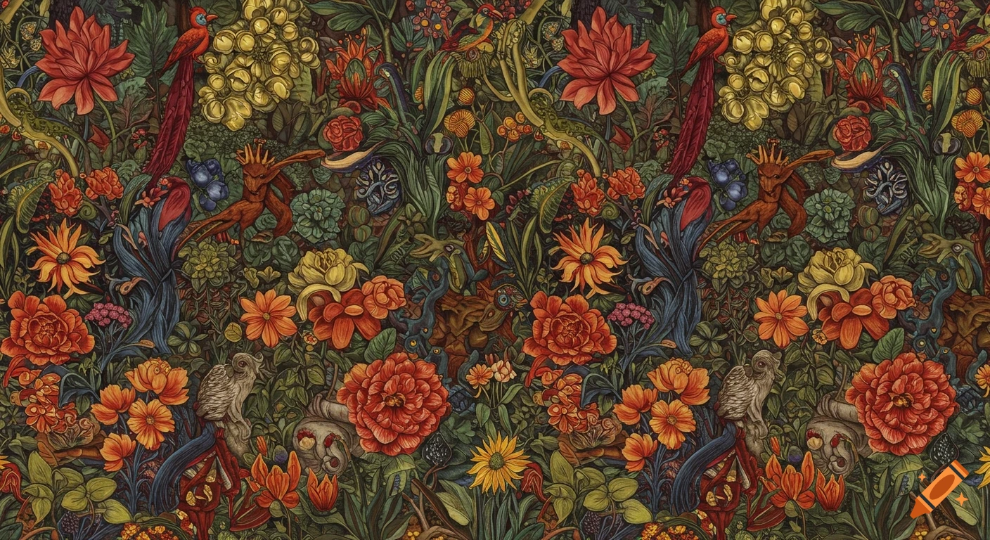 A vibrant, intricate vintage chromolithograph pattern of fantastic red, orange, and yellow flowers, birds, and woodland creatures.