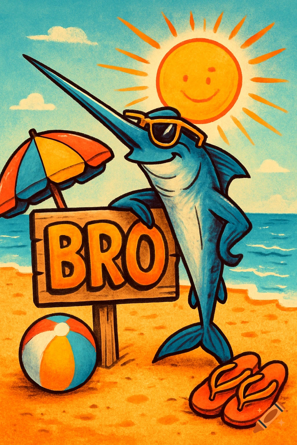 A cartoon swordfish with sunglasses leans on a 'BRO' sign on a sunny beach with an umbrella, beach ball, and flip-flops.