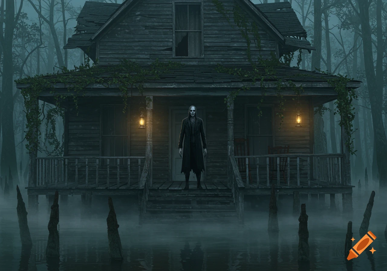 A tall, gaunt man with a skull-like face stands on the porch of a dilapidated wooden house in a misty, vine-choked swamp at dusk, with glowing lanterns.