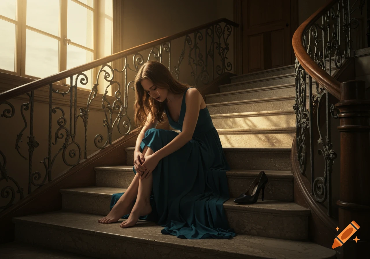 Photorealistic image of a distraught woman in a blue dress sitting barefoot on elegant stairs, one shoe off, crying by a sunlit window.