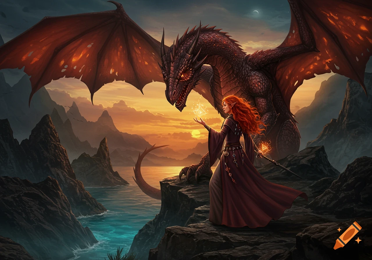 A red-haired sorceress faces a large dragon on a cliff overlooking water and mountains at sunset, holding glowing magic.