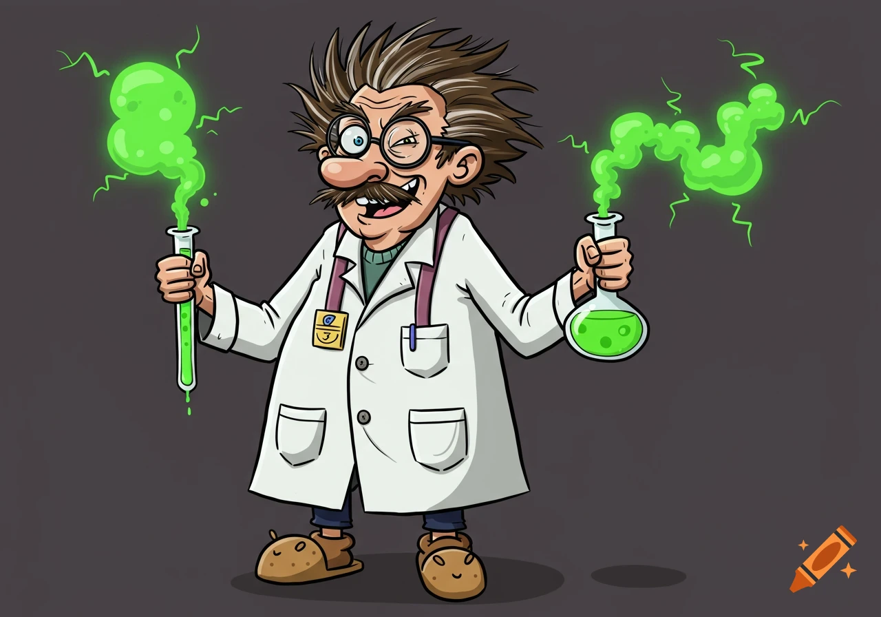 A humorous cartoon of a mad scientist with messy hair and a big mustache, wearing a lab coat and suspenders, holding bubbling test tubes with green liquid.