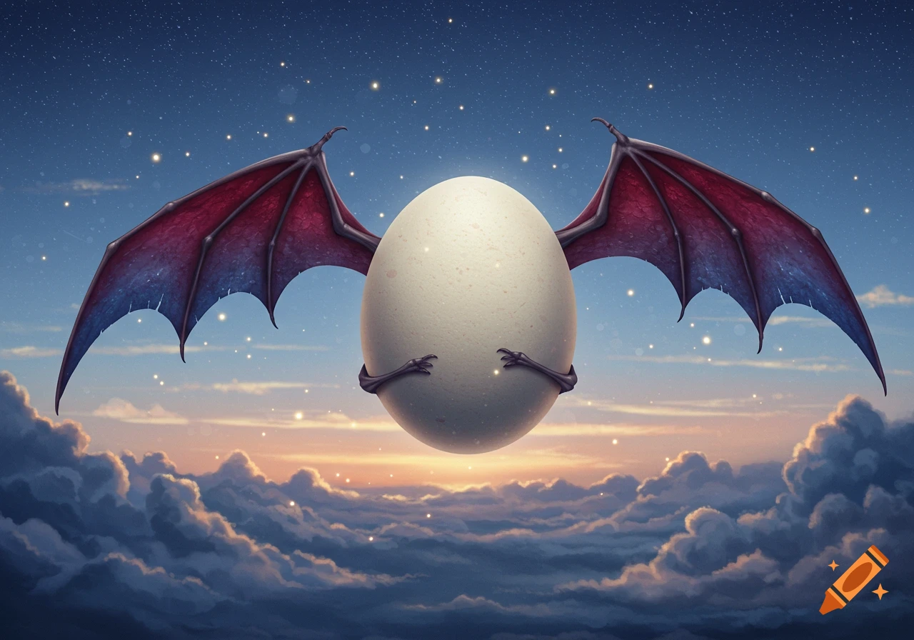 A stylized egg with dark red and blue bat wings flying above clouds under a starry night sky.