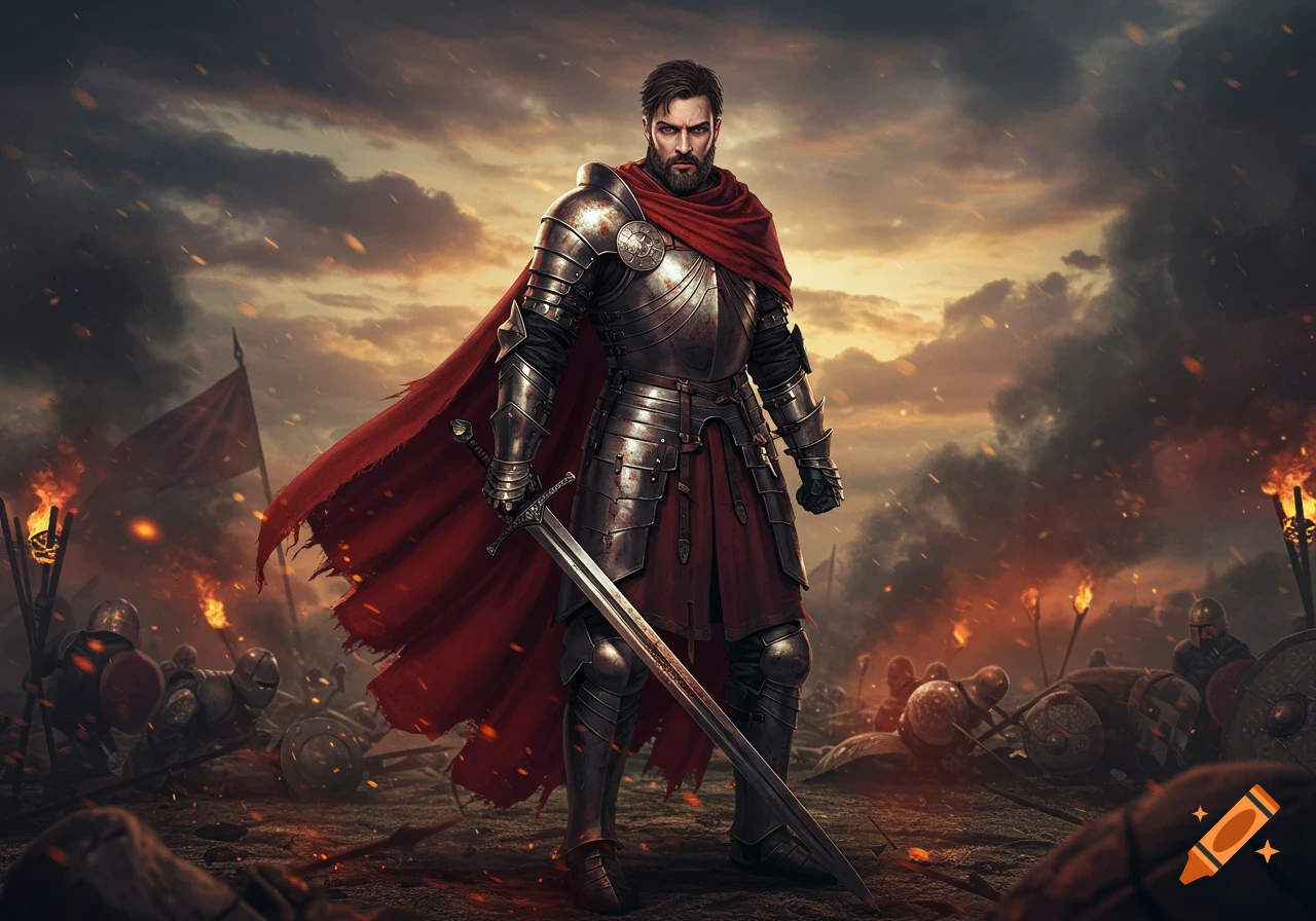 A photorealistic armored warrior in a red cape stands on a fiery battlefield, holding a large sword.