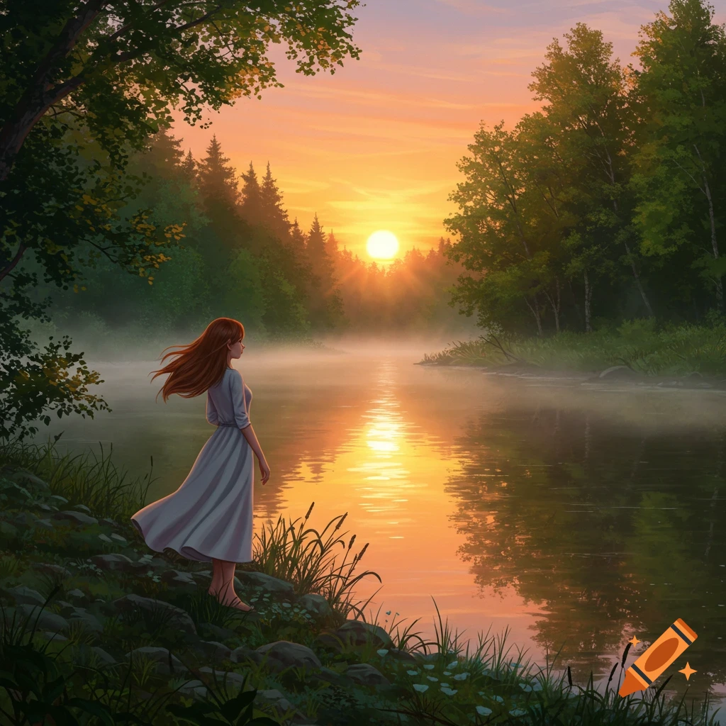 A young woman with flowing red hair stands by a misty river at sunset, surrounded by a dense forest.