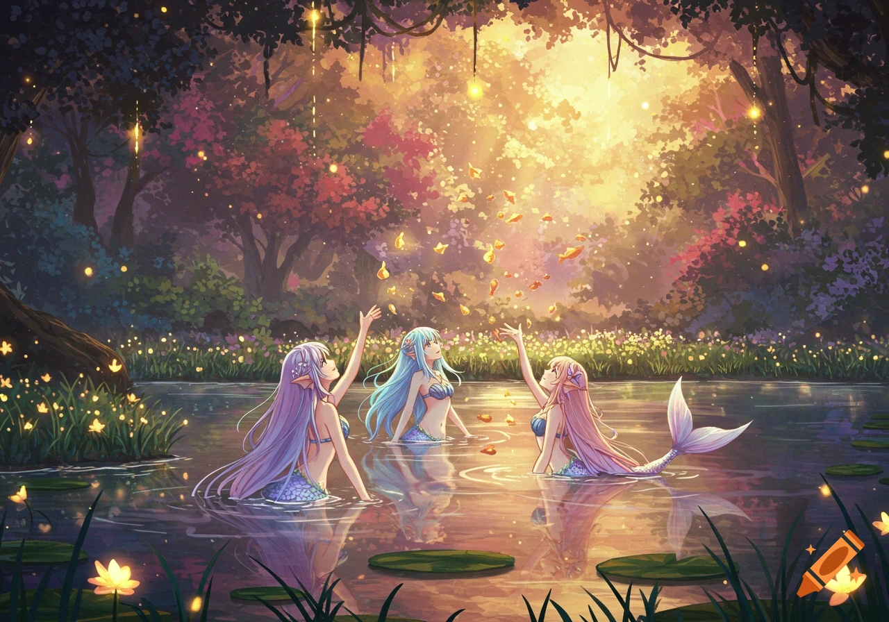 Three anime mermaids in a magical forest lake reach for glowing petals falling from sunlit trees.