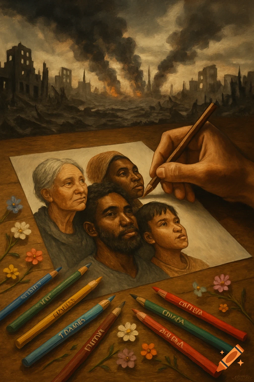 A hand draws diverse people on paper, with colorful pencils on the table. In the background is a burning, war-torn city.