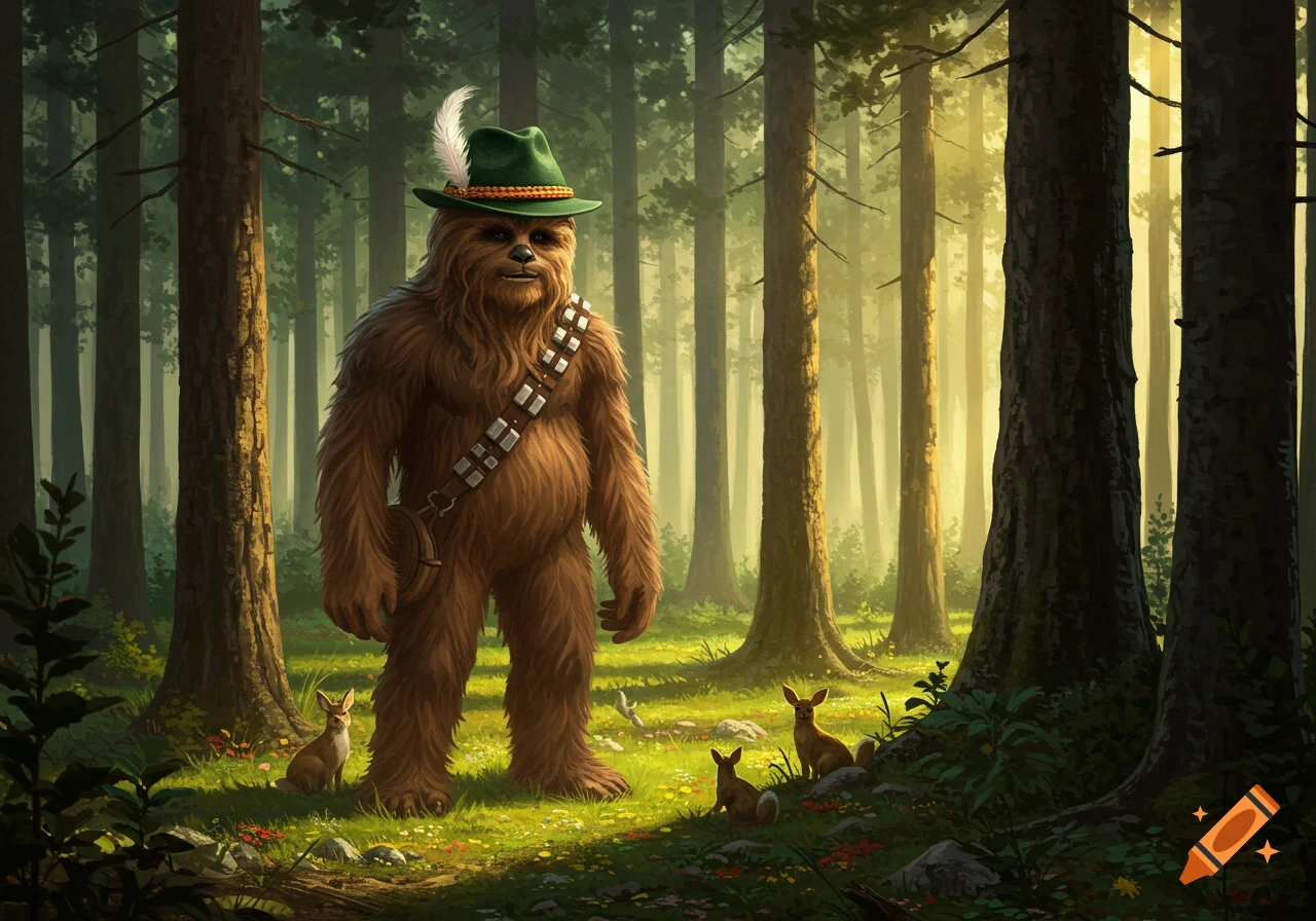 A Wookie wearing a green German hat with a feather and a bandolier stands in a sunlit forest with small deer, digital art.