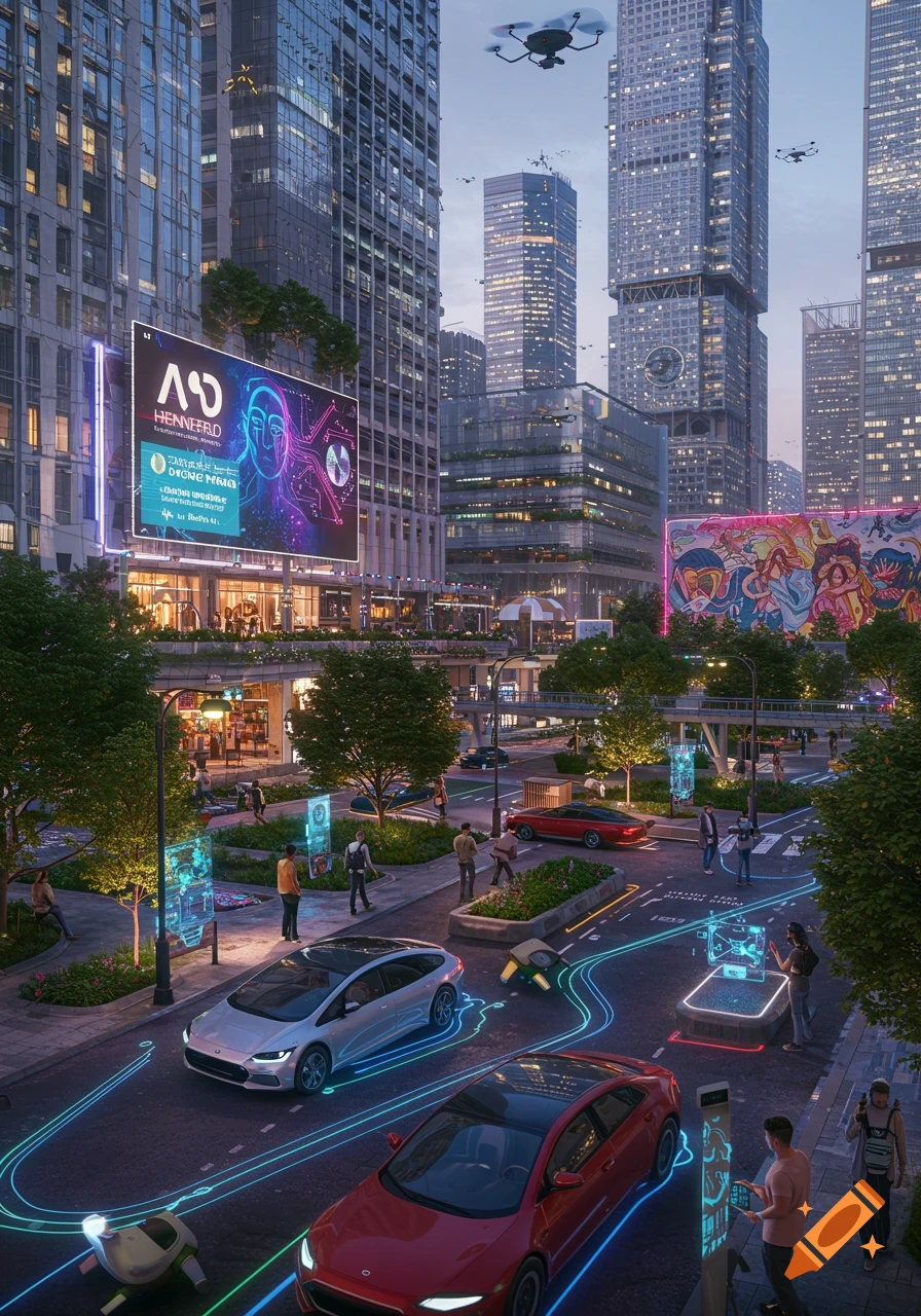 A vibrant, futuristic cityscape at dusk with tall buildings, flying drones, glowing self-driving cars, and people interacting with holographic displays.