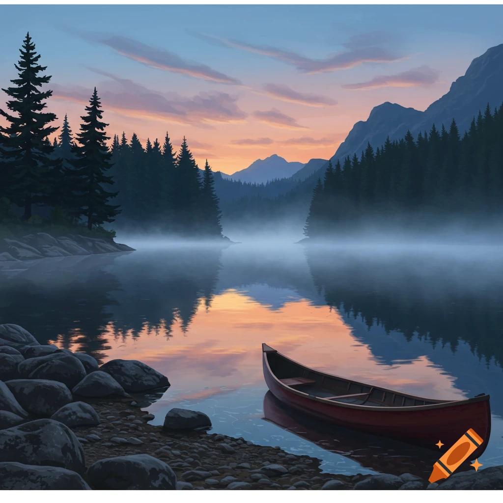 A serene lake at sunrise or sunset, with a red canoe on the shore. Mist rises from the water, surrounded by pine forests and mountains.