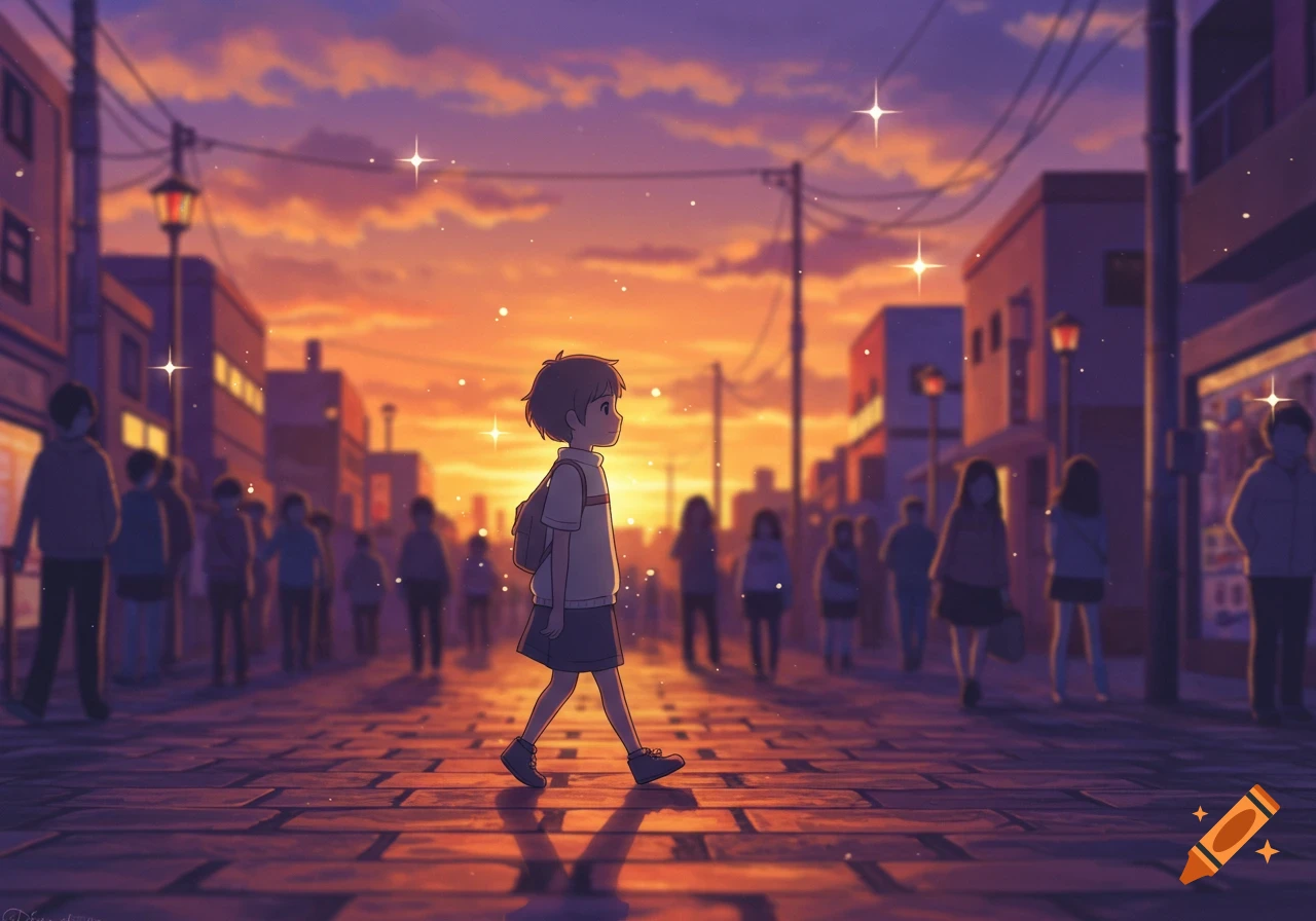 Anime illustration of a child-like character walking on a city street at sunset, with a blurred crowd and a warm, glowing sky.