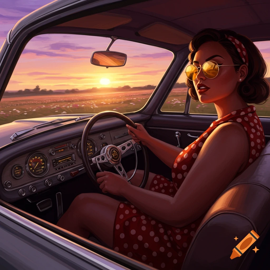 Woman in a red polka dot dress and sunglasses driving a vintage car at sunset through a field.