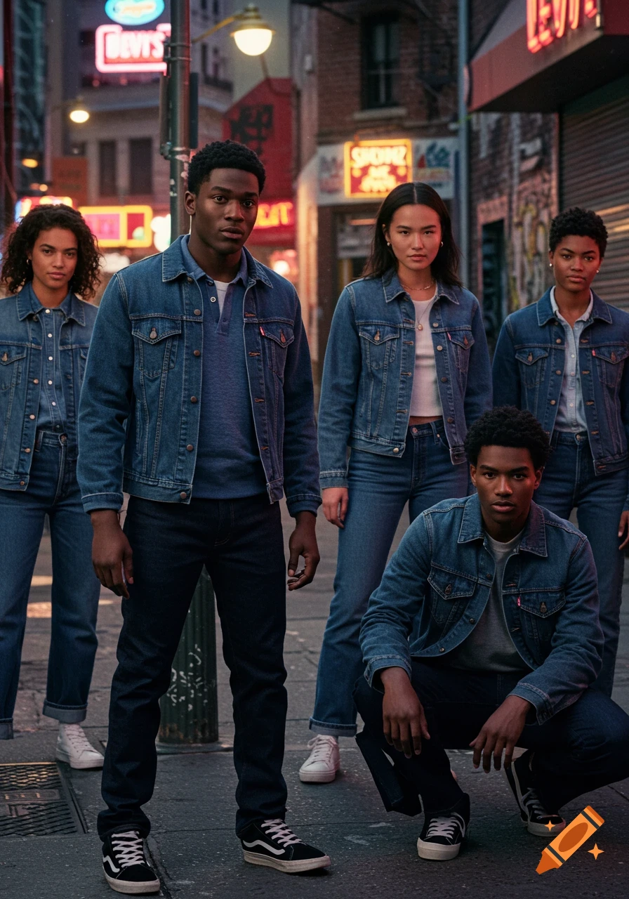 Five young adults in denim jackets and jeans pose in an urban alley with neon signs, photorealistic style.