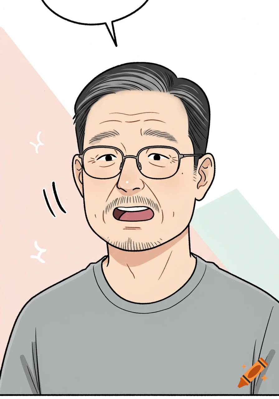Webtoon illustration of a surprised 55-year-old Korean man in glasses and a gray shirt.