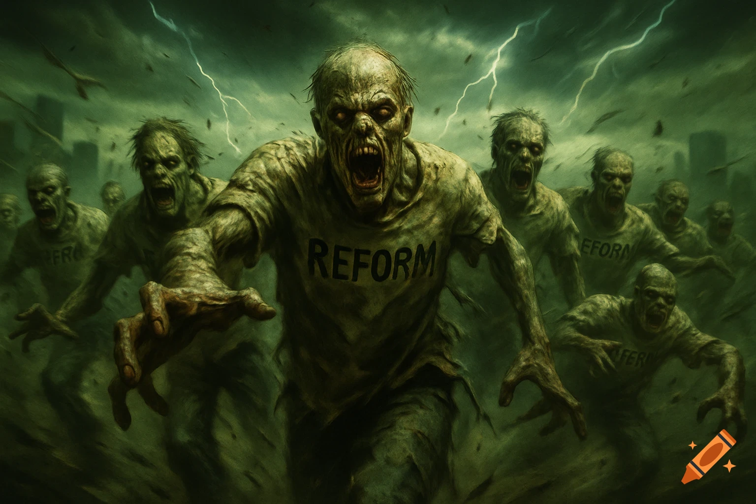 A group of grotesque zombies with glowing eyes and tattered clothes, marked 'REFORM' on their chests, charge forward in a stormy green-lit landscape with lightning.