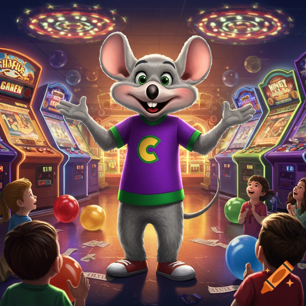 Chuck E. Cheese, a mouse mascot, stands smiling with arms open in a vibrant arcade as children look up at him.