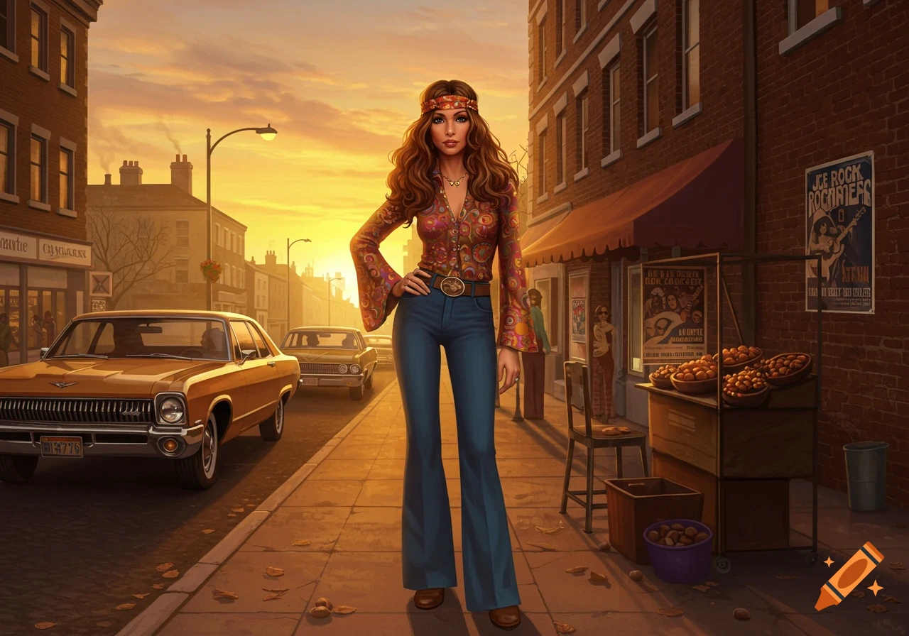 A woman in 70s attire stands on a city street at sunset, with vintage cars parked nearby and shops lining the sidewalk.