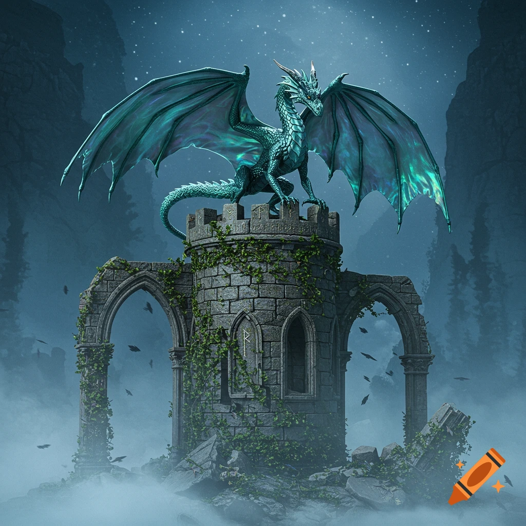 A majestic teal dragon with iridescent wings perched on an ivy-covered ruined stone tower under a starry, misty night sky.