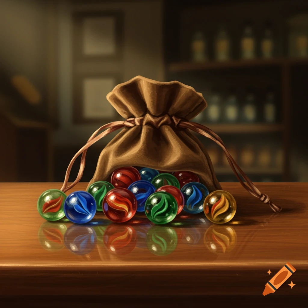 A brown drawstring bag spills colorful glass marbles onto a reflective wooden counter, in a dimly lit room.