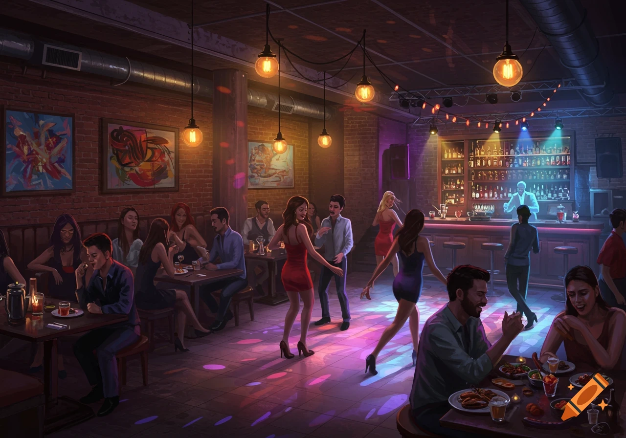 An illustrated view of a bustling basement bar or club with people dancing and others seated at tables, enjoying drinks and food under warm, colorful lighting.