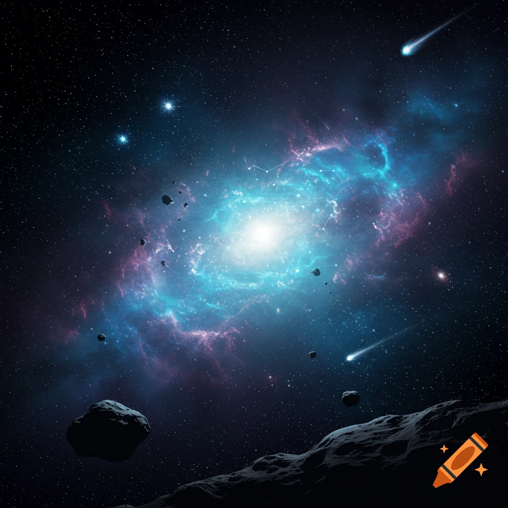 A vibrant blue and purple nebula glows brightly in a star-filled cosmos with dark asteroids and comets.