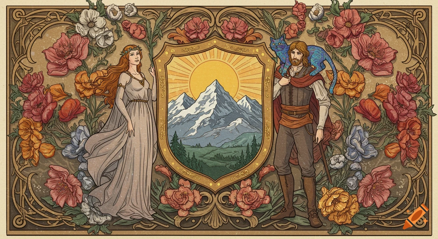 Stylized illustration of a woman and a man with a blue cat, flanking a shield with snowy mountains and a sun, surrounded by ornate floral borders.