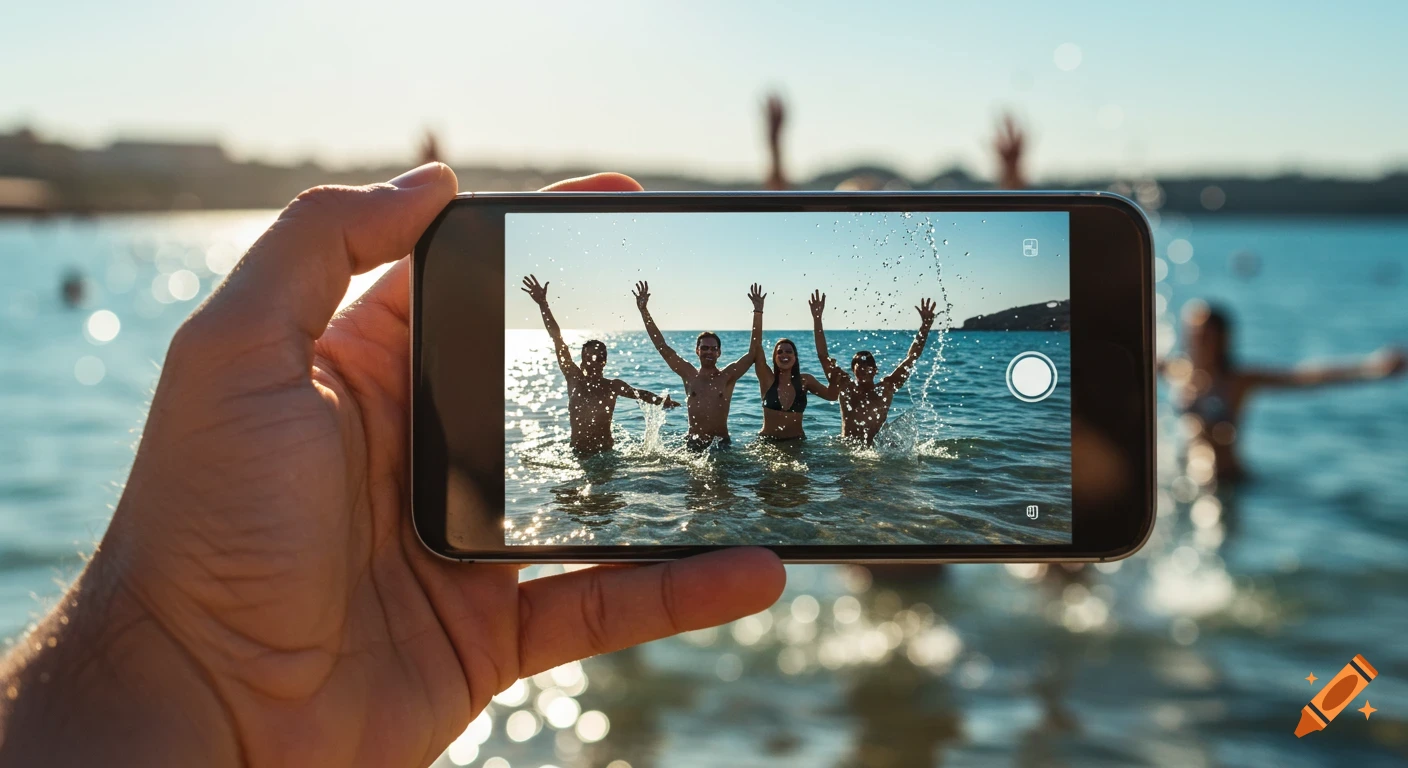 Close-up of a hand holding a smartphone, filming four joyful friends splashing in the ocean at a sunny beach.