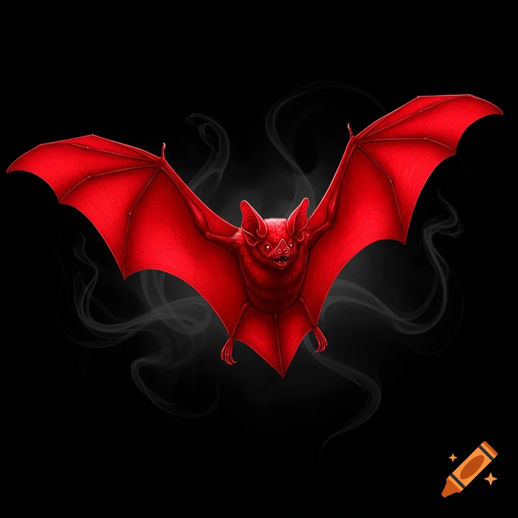 A stylized red bat with spread wings, dark eyes, and small fangs, against a smoky black background.
