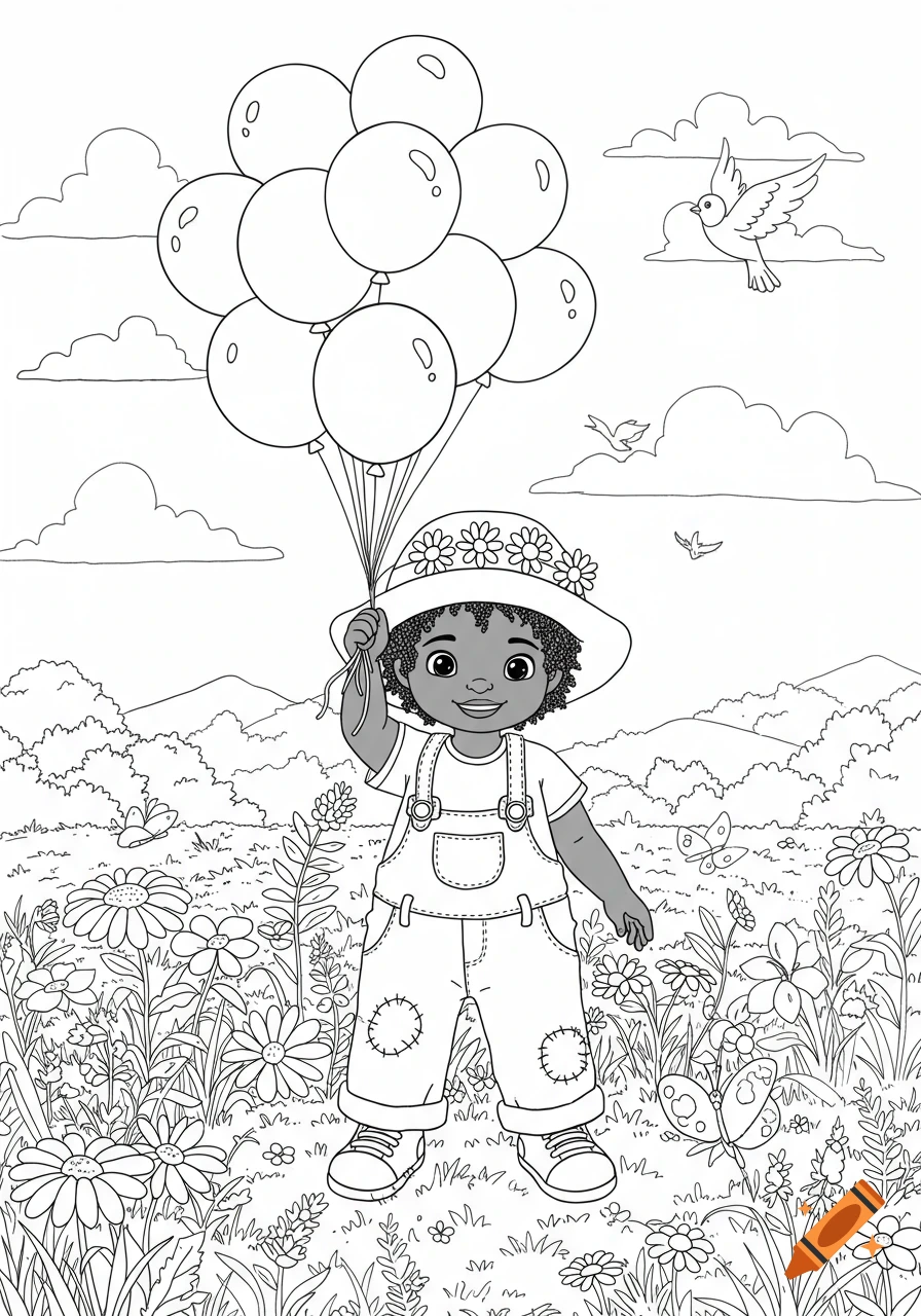 Coloring page of an African American child holding balloons in a flower field under clouds and birds.