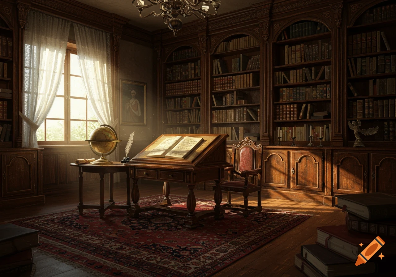 A grand, sunlit historical library with dark wood bookshelves, a writing desk with an open book, a globe, and an ornate red rug.