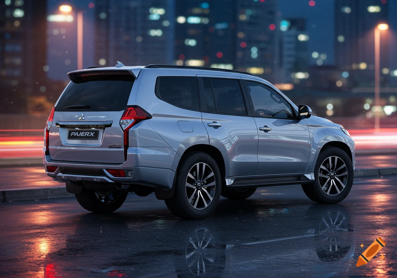 Photorealistic silver SUV parked on a wet city street at night with reflections of city lights.