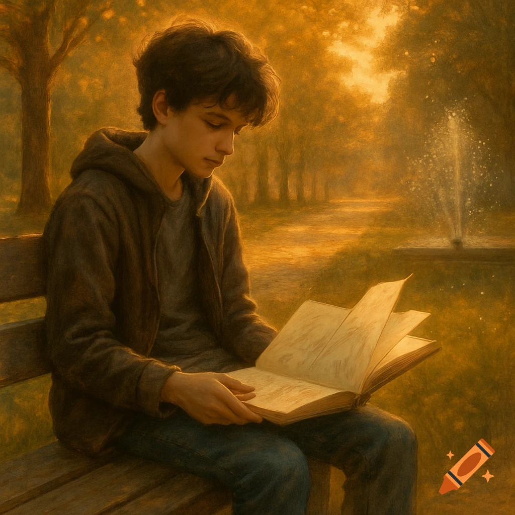 A young person sits on a park bench, engrossed in reading an open book, under warm golden light.