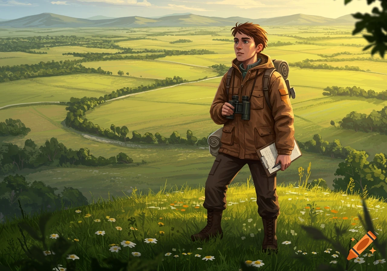 A young male hiker stands on a grassy hill, holding binoculars and a clipboard, looking over a vast green valley in an illustration.